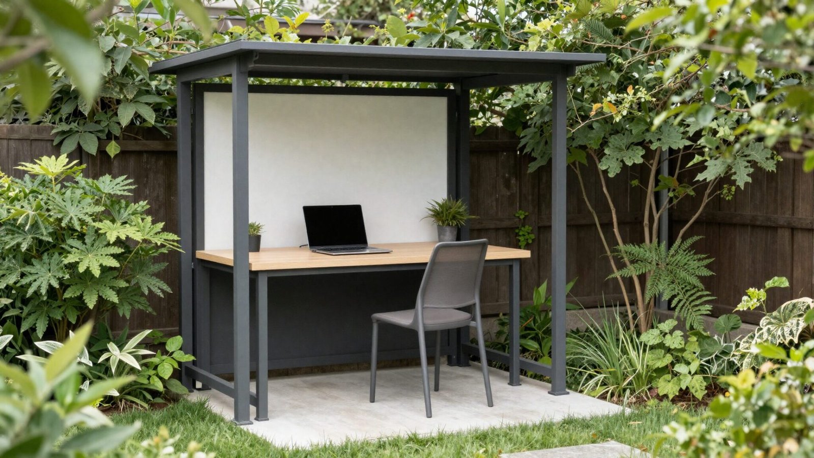 Simple desk and chair under a shade structure in a backyard workspace nook surrounded by greenery