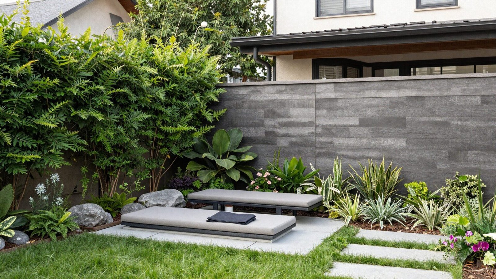 Privacy wall and dense planting separating a backyard lounge zone from a neighboring dining zone