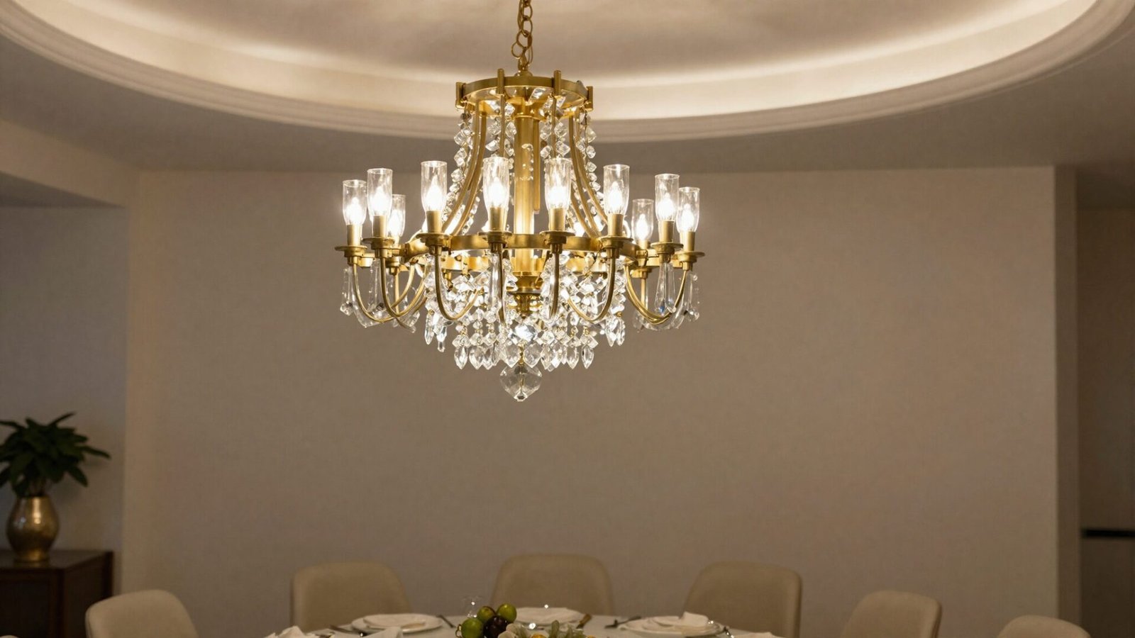 Dining room with brass and glass chandelier above the table