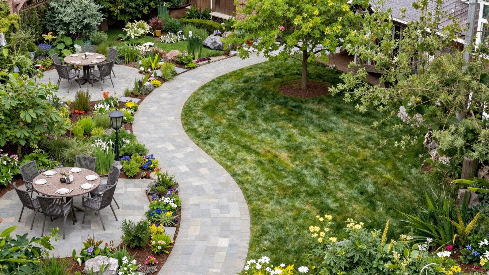 Curved stone pathway connecting multiple distinct backyard zones in a continuous circulation route