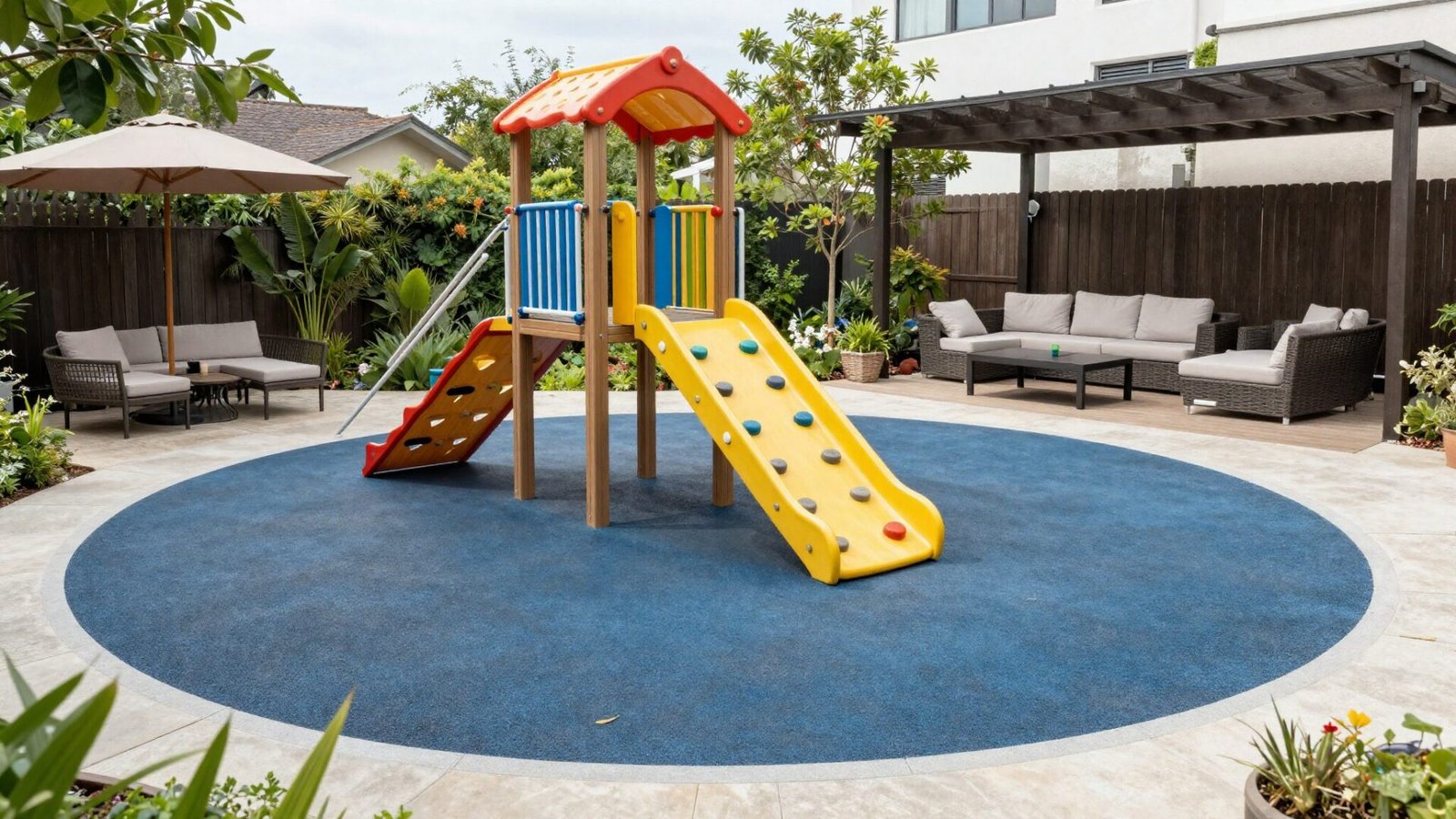 Kids play zone with soft rubber ground surface and a small climbing structure positioned near adult lounge seating