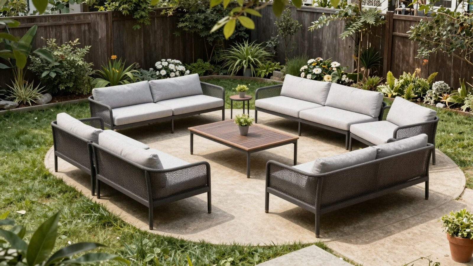 Modular sectional outdoor furniture pieces arranged for a small gathering in a backyard
