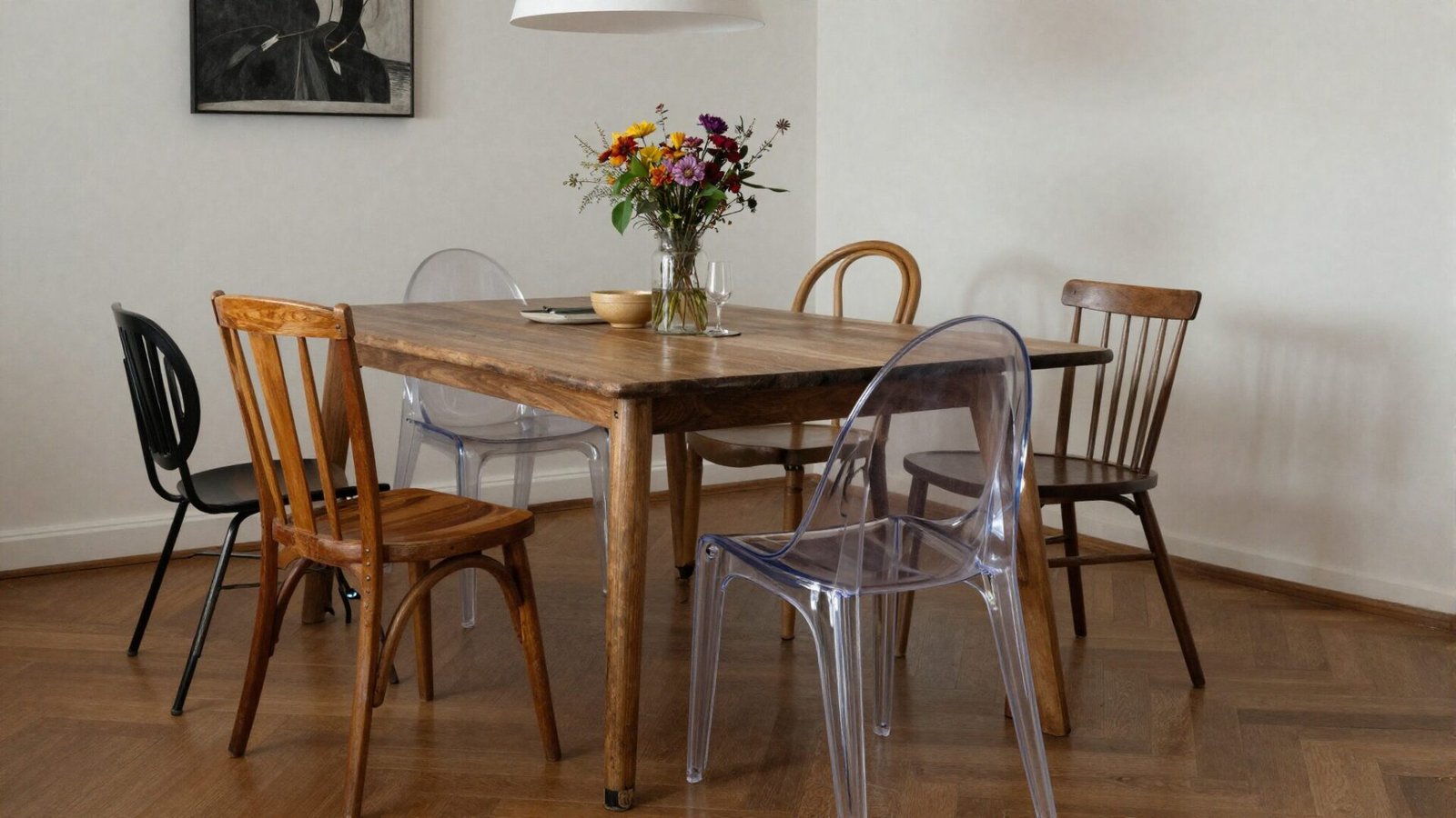 Dining room table surrounded by mismatched vintage wooden chairs and modern acrylic chairs