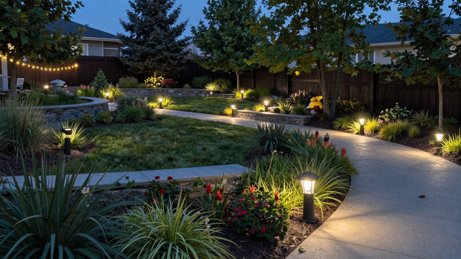 Layered landscape lighting across multiple backyard zones at dusk with path lights and string lights