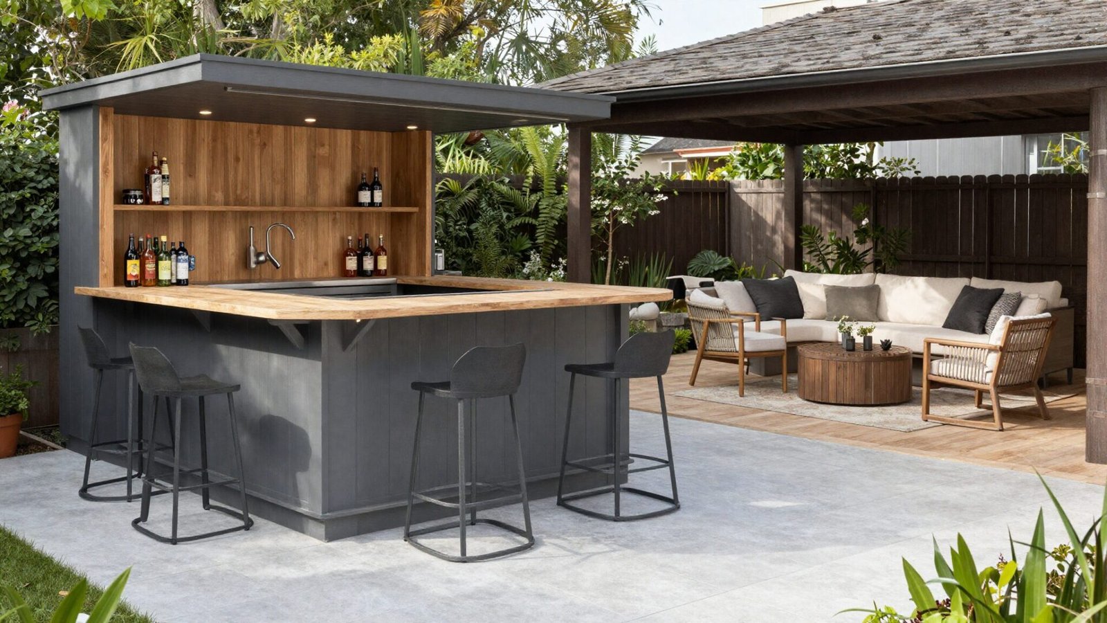 Bar and pass-through counter connecting an outdoor kitchen zone to a lounge zone
