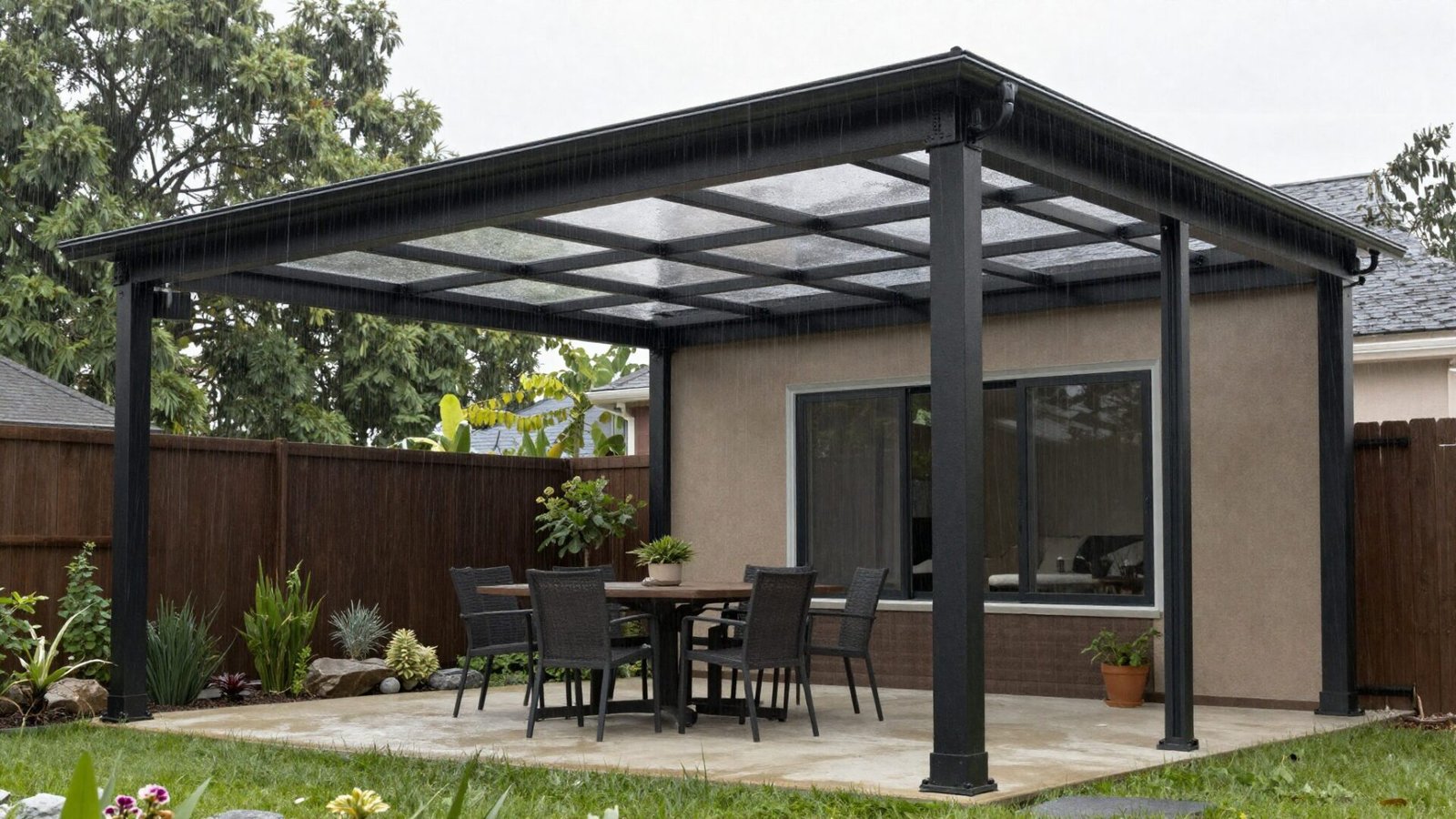 Covered outdoor room with retractable roof structure over a dining zone, weatherproof black steel frame