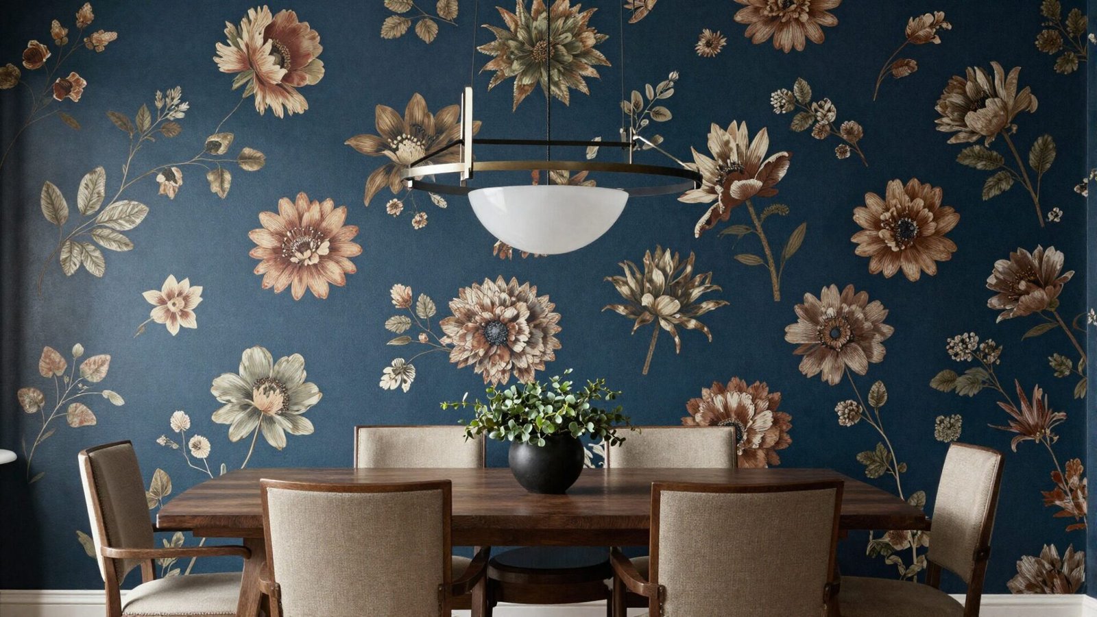 Dining room feature wall with bold floral wallpaper in deep jewel tones