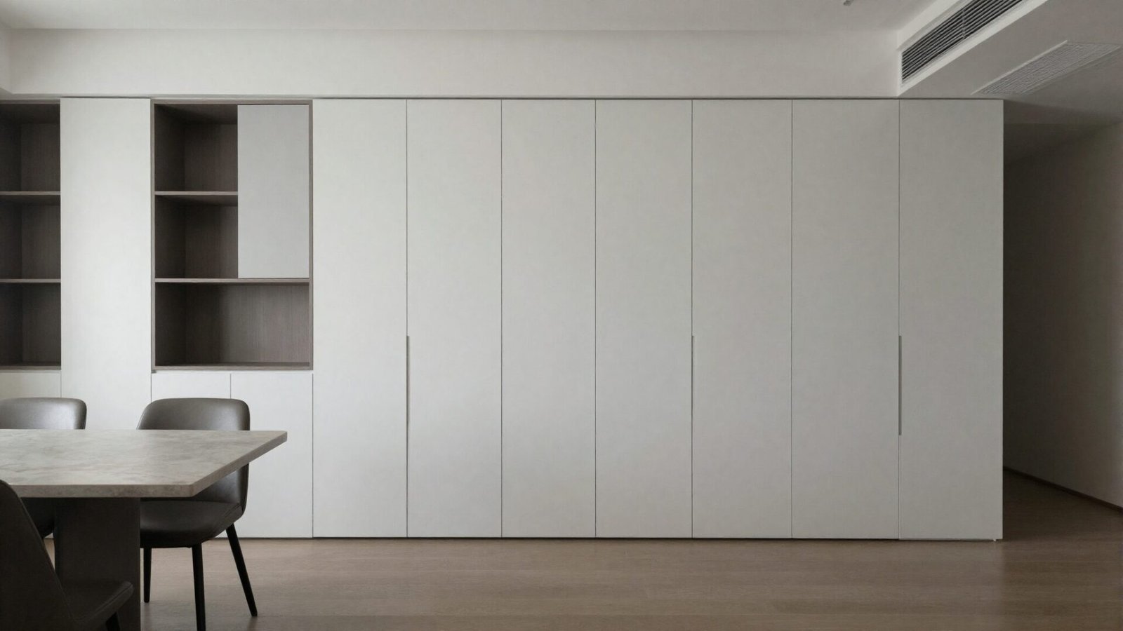 Dining room with floor-to-ceiling built-in cabinetry blending into the wall