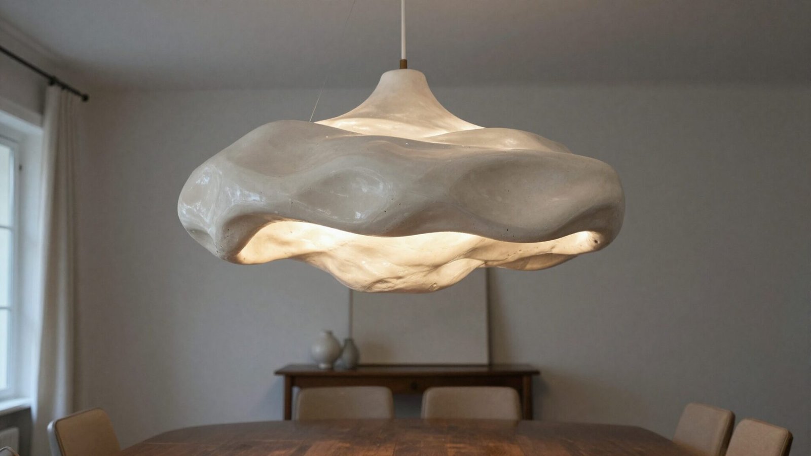 Dining room with oversized sculptural pendant light in organic ceramic form