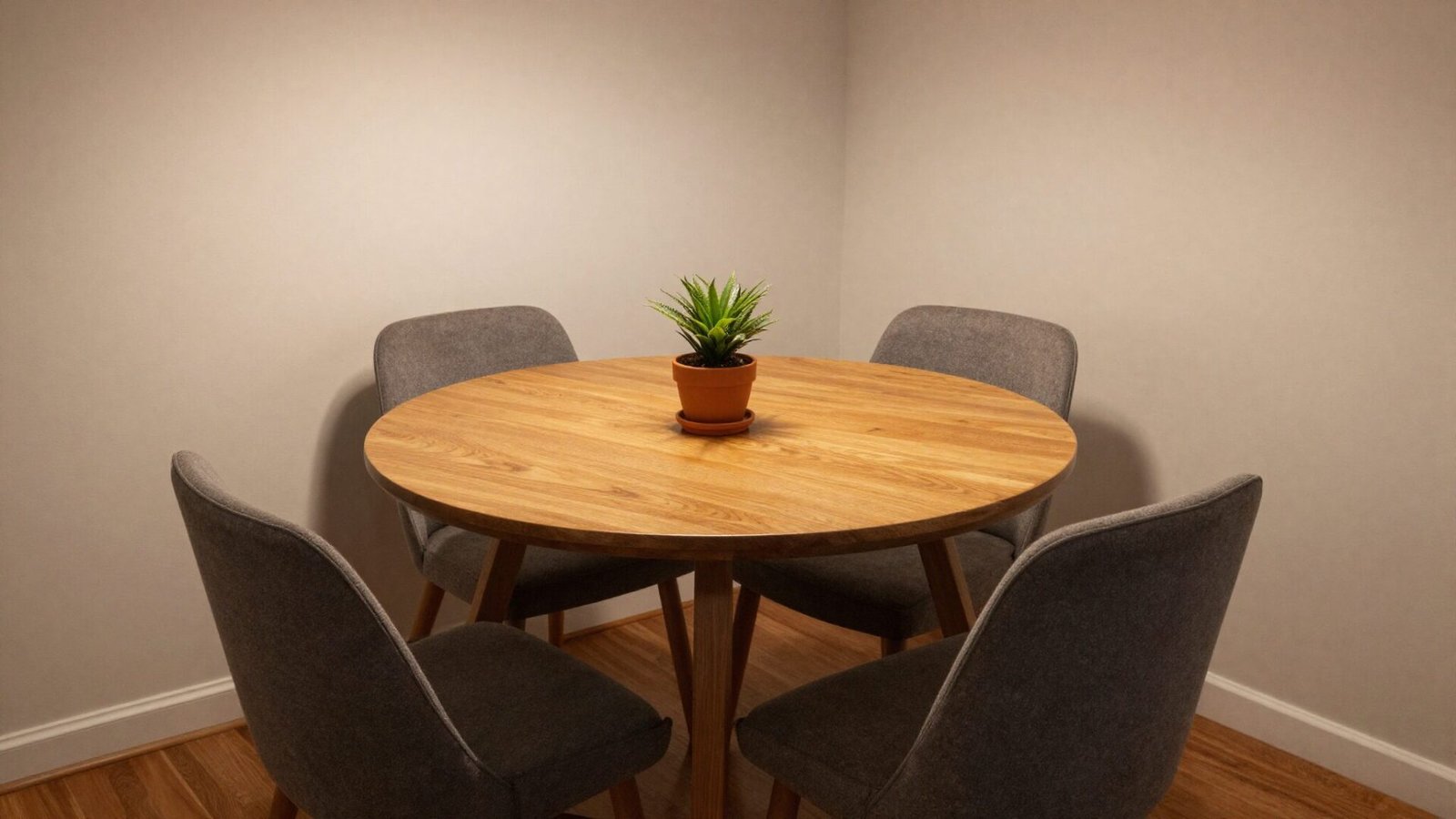 Small dining room with round wooden table improving traffic flow
