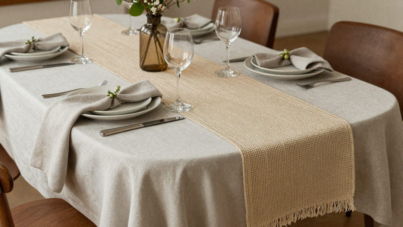 Dining table styled with layered textured linens and a woven table runner