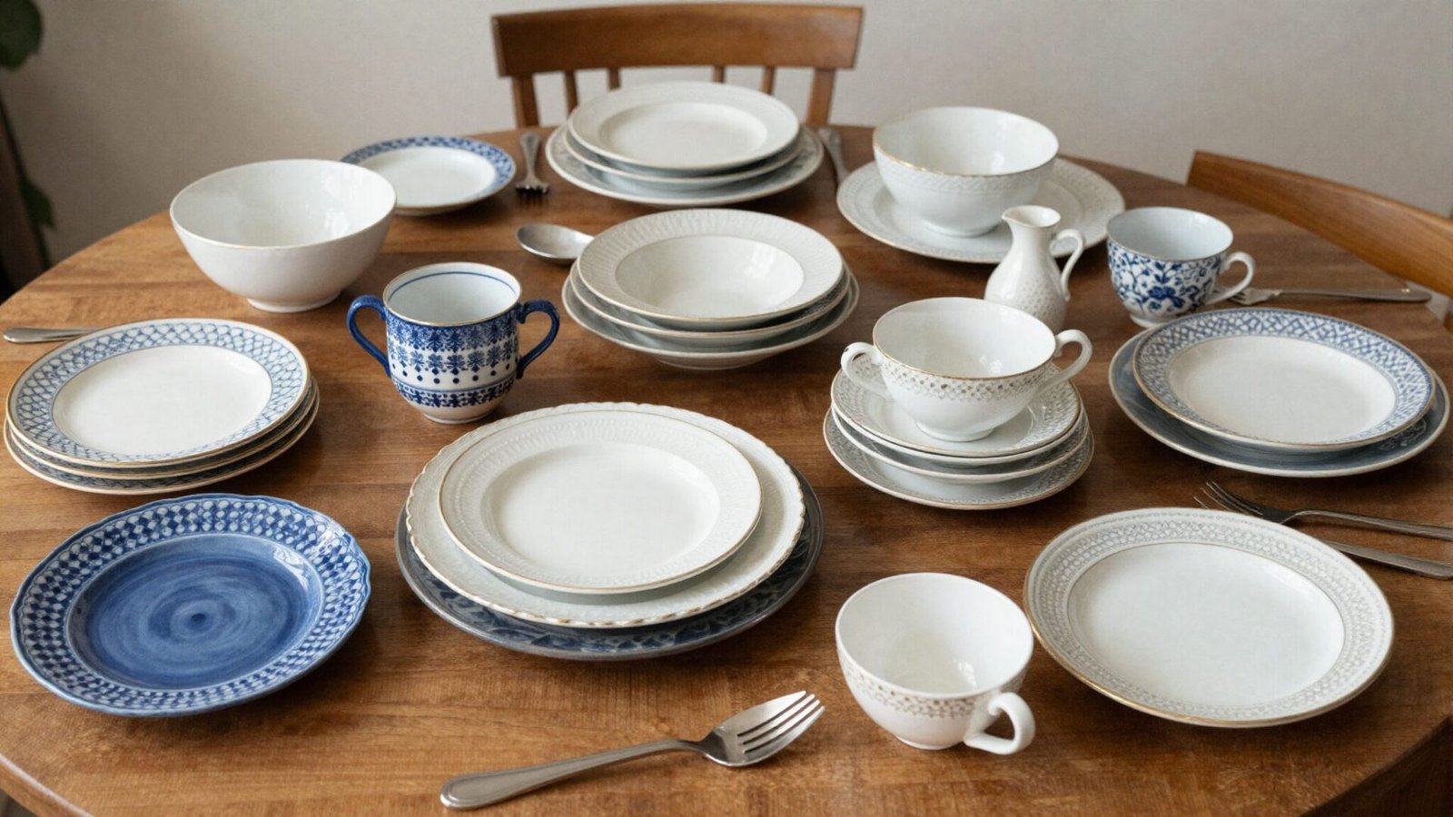 Dining table set with curated mismatched vintage tableware and layered patterned plates