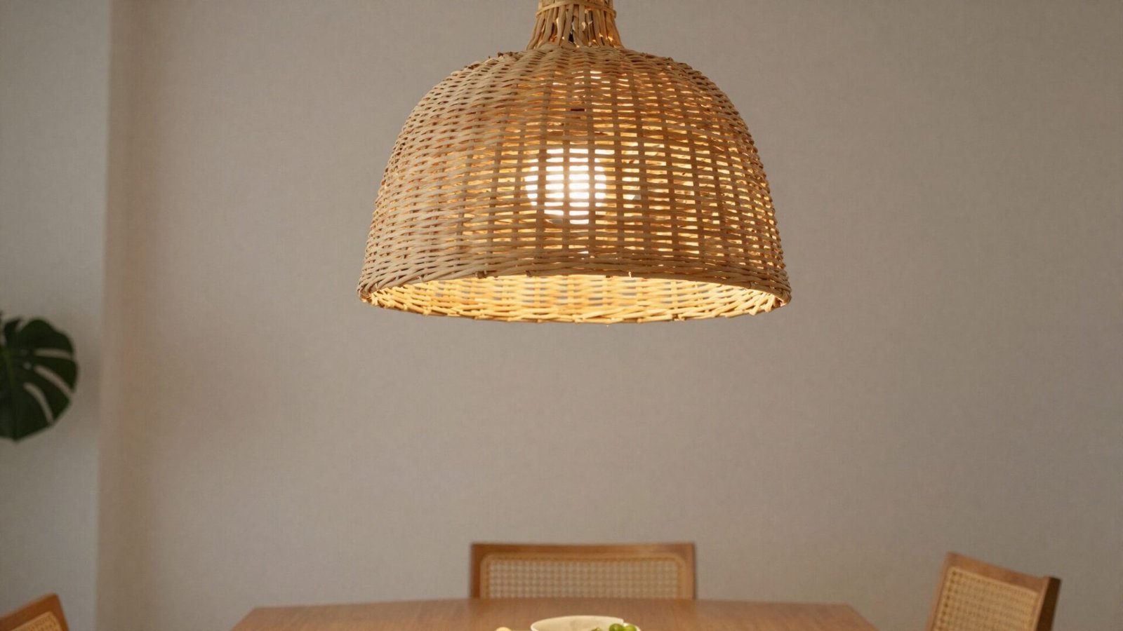 Dining room with large woven rattan pendant light fixture above the table