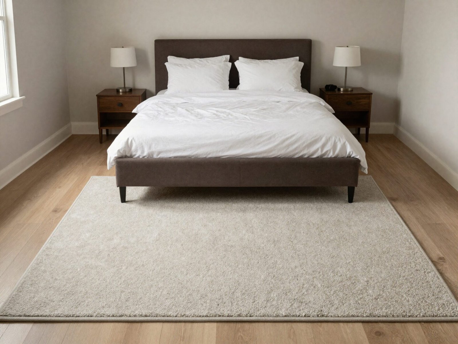 Bedroom rug extending well beyond both sides of the bed frame