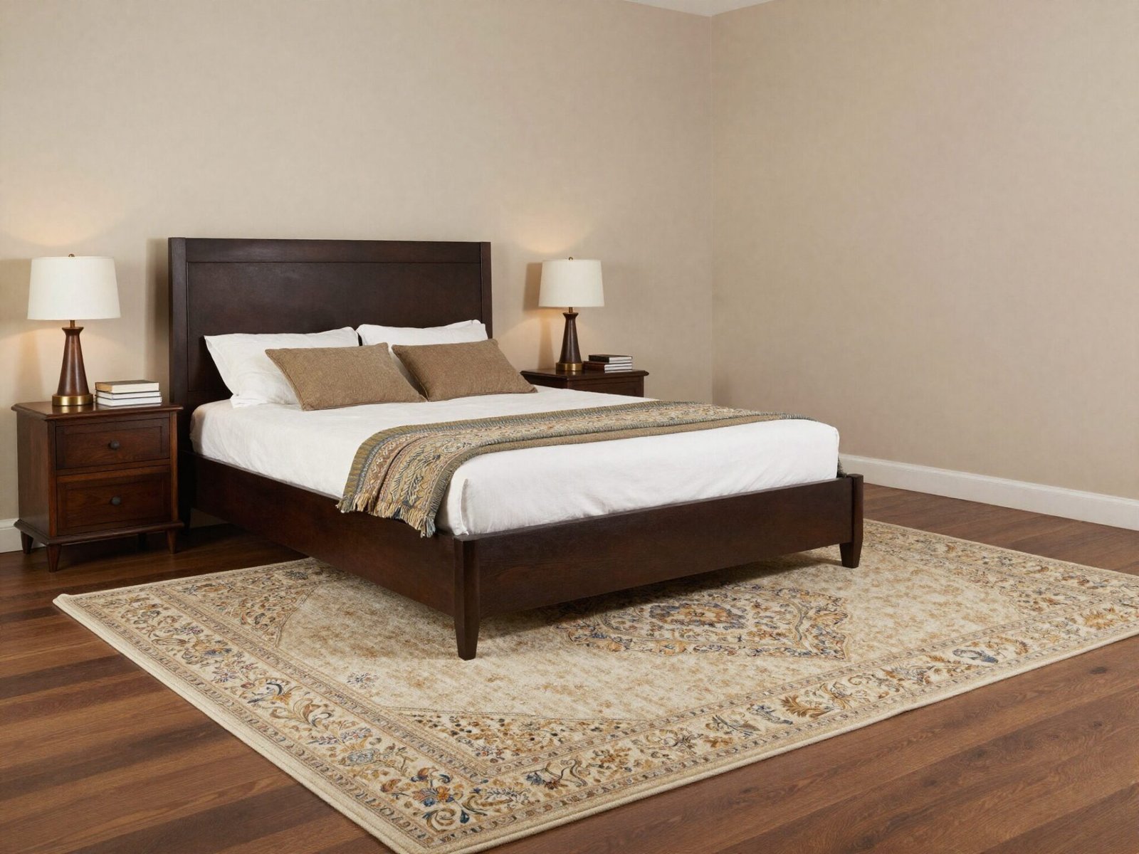 King bed with a large rug covering the full width under the bed and nightstands