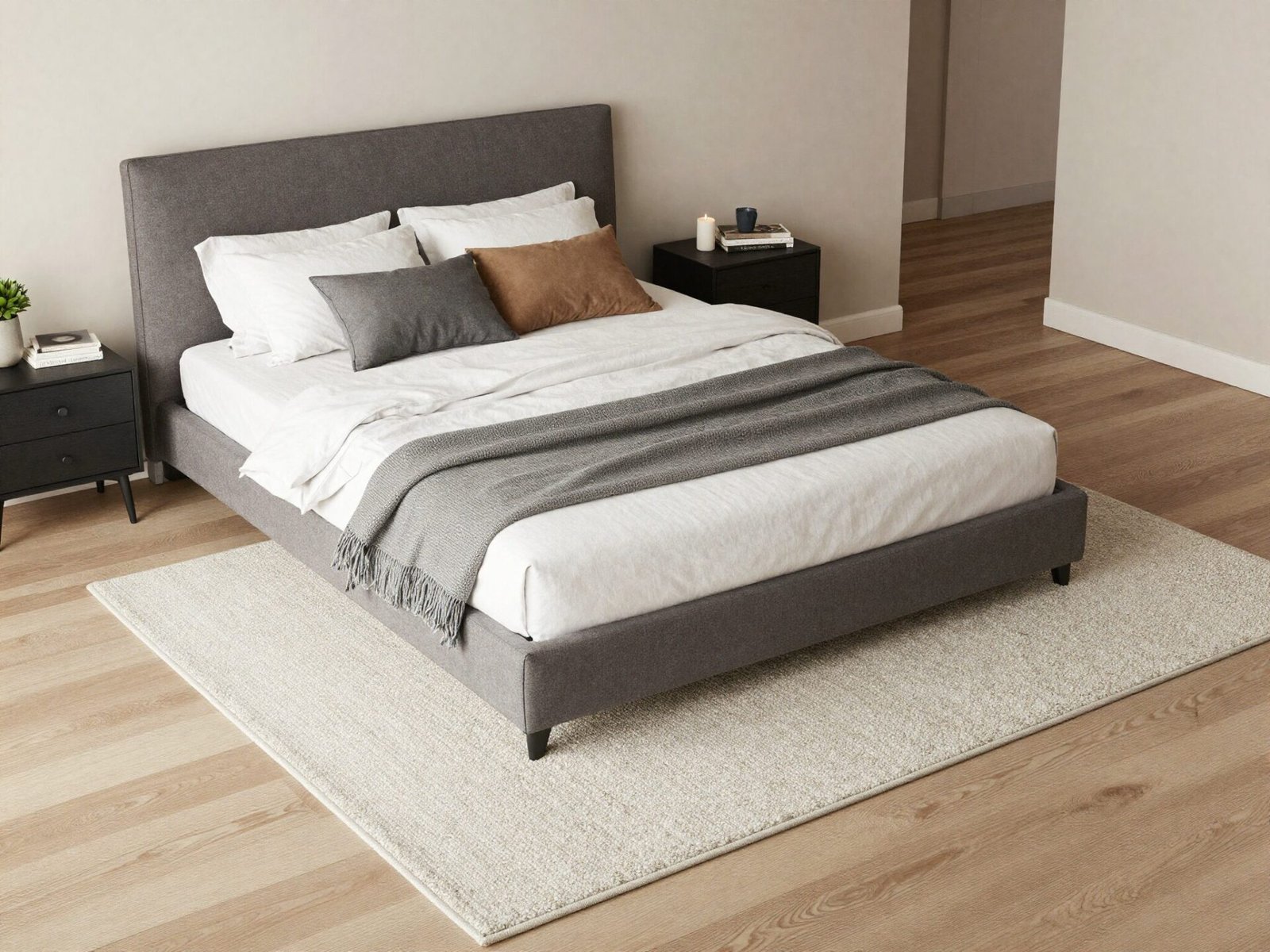 Rug positioned with two-thirds of the bed on top and the remaining third extending past the foot