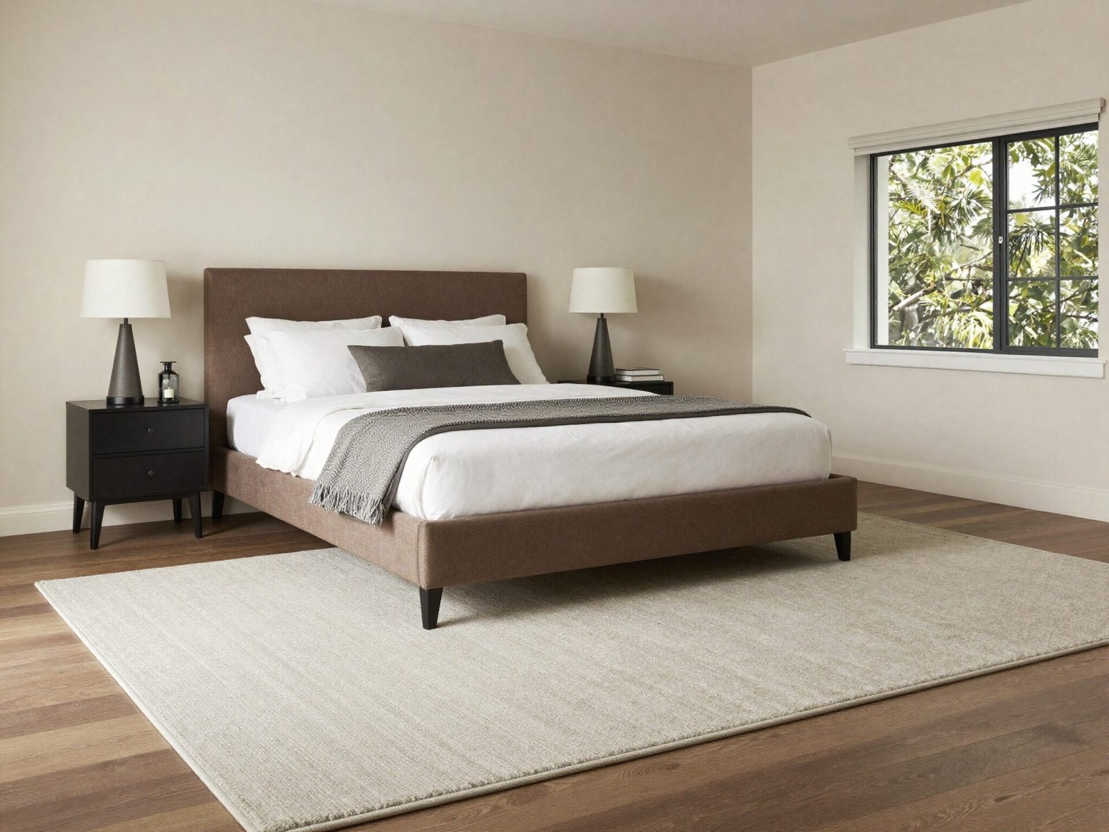 Large rug fully covering the area under the bed and both nightstands
