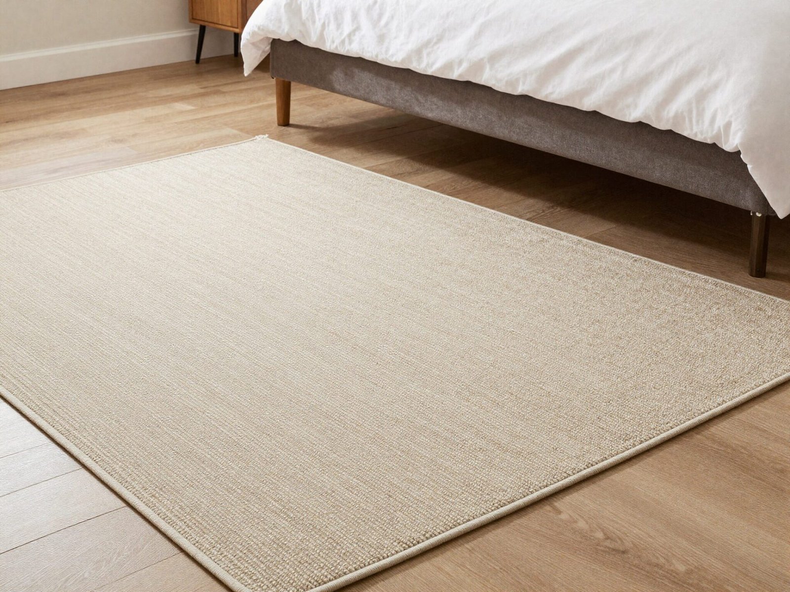 Patterned wool rug layered over a larger flat jute rug near the bed