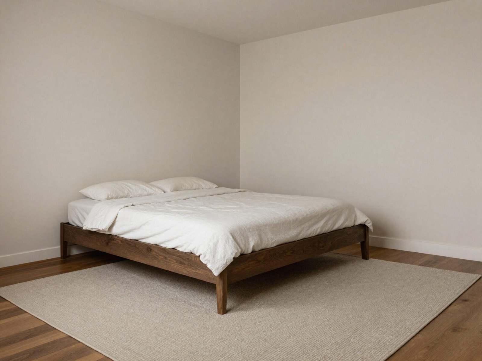 Bed placed in a room corner with a rug positioned along the exposed open side