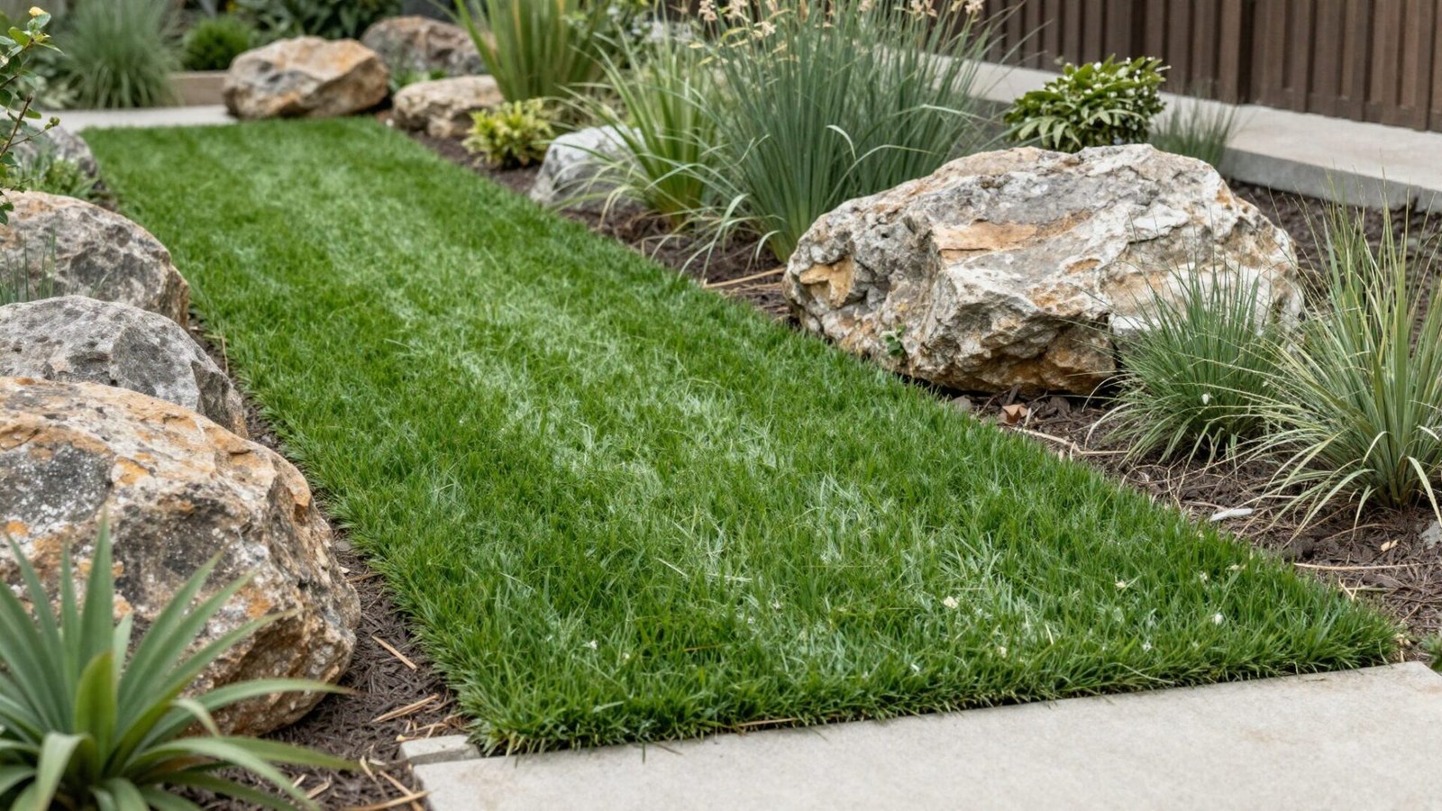 Artificial turf strips placed between large boulders and low-water perennials in a front yard