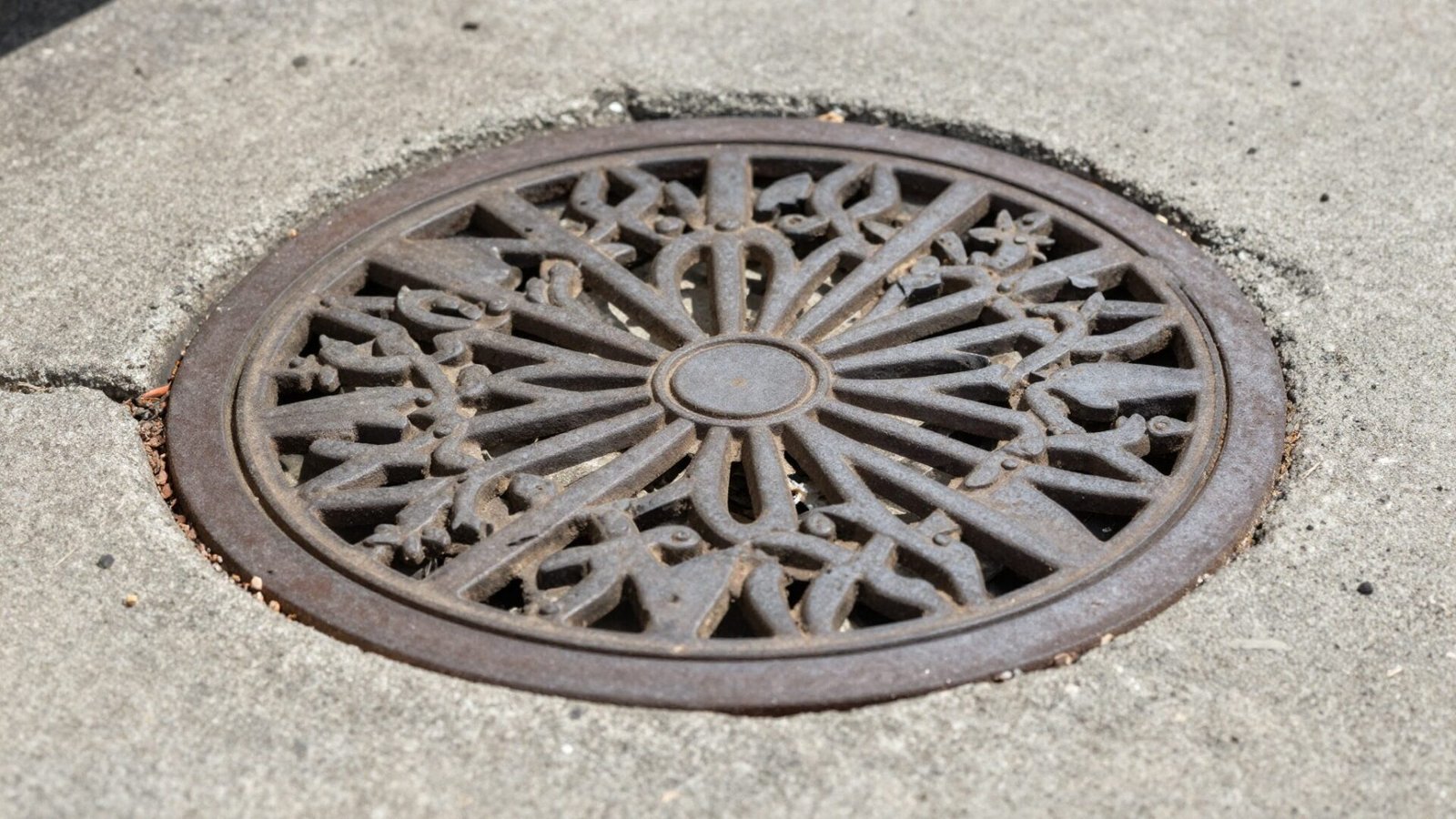 Decorative outdoor drain cover with an ornamental pattern set into a front walkway