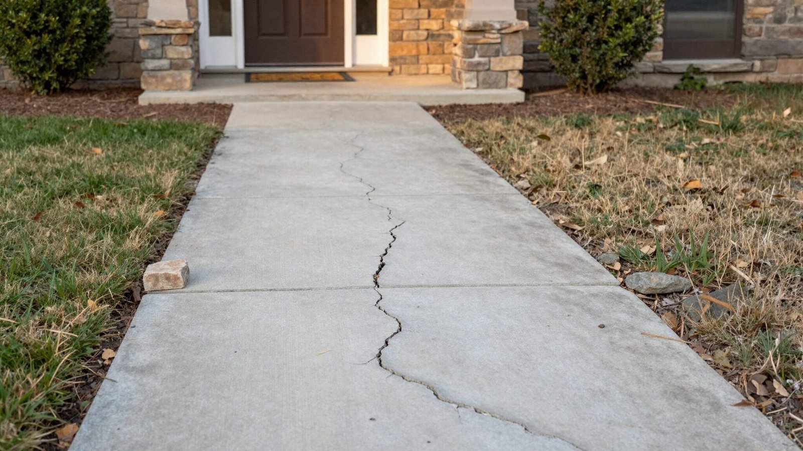 Old cracked concrete walkway being replaced with natural flagstone leading to a front door