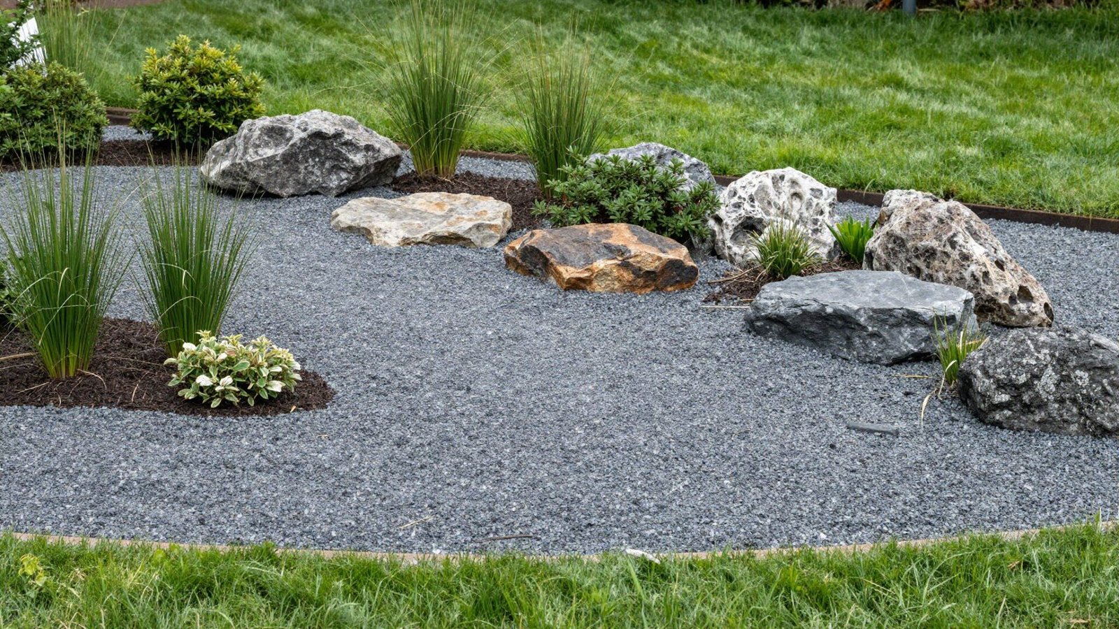 Layered texture front yard landscape combining gravel boulders ornamental grasses and low shrubs