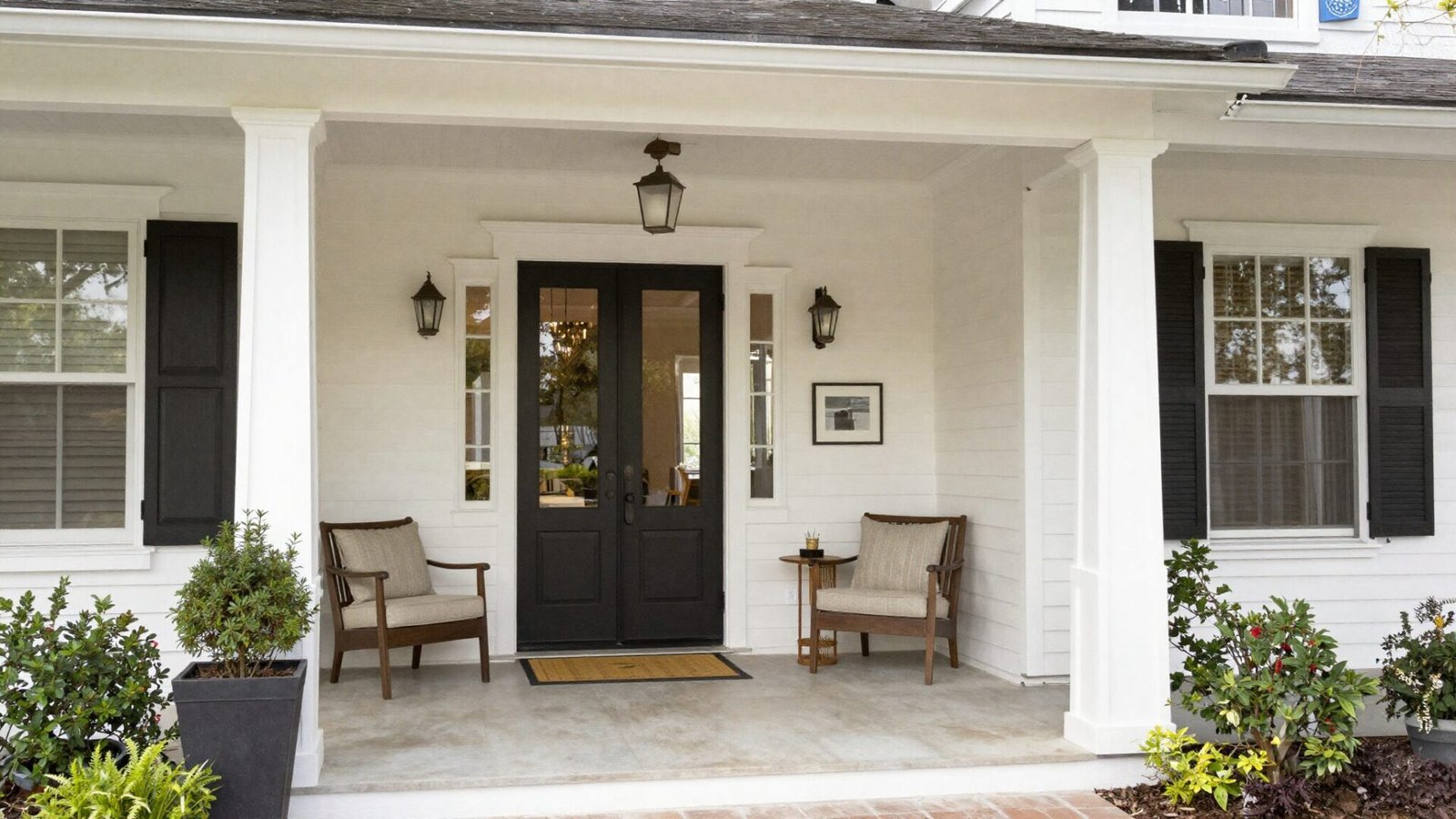 Front entrance with outdoor furniture and planters mirroring an indoor living room style