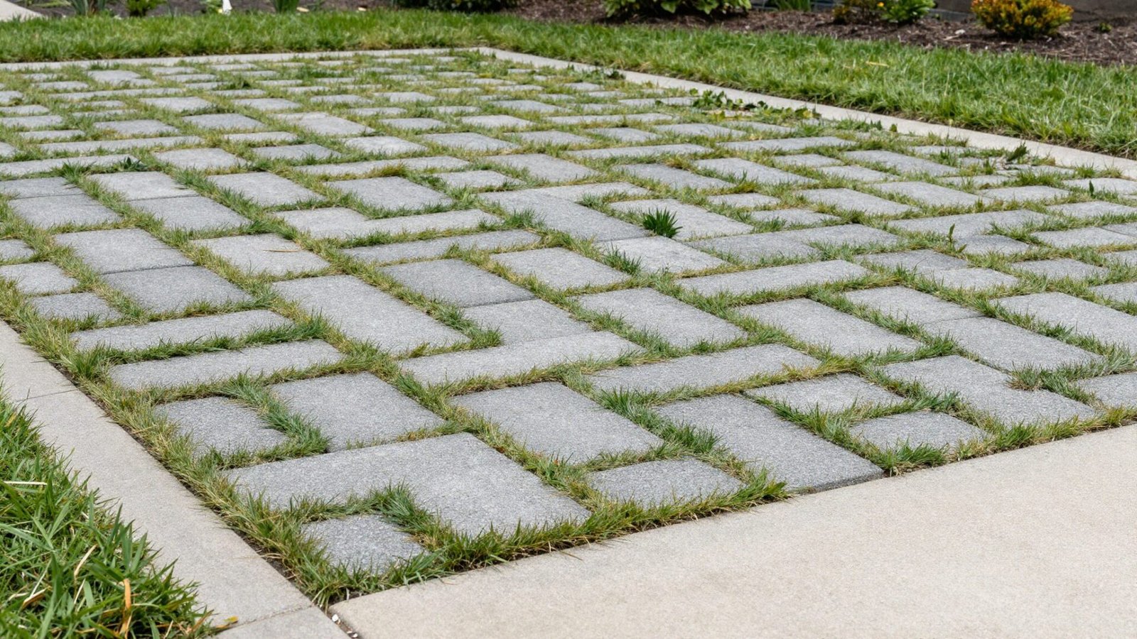 Permeable paver driveway with grid pattern allowing grass to grow through the gaps