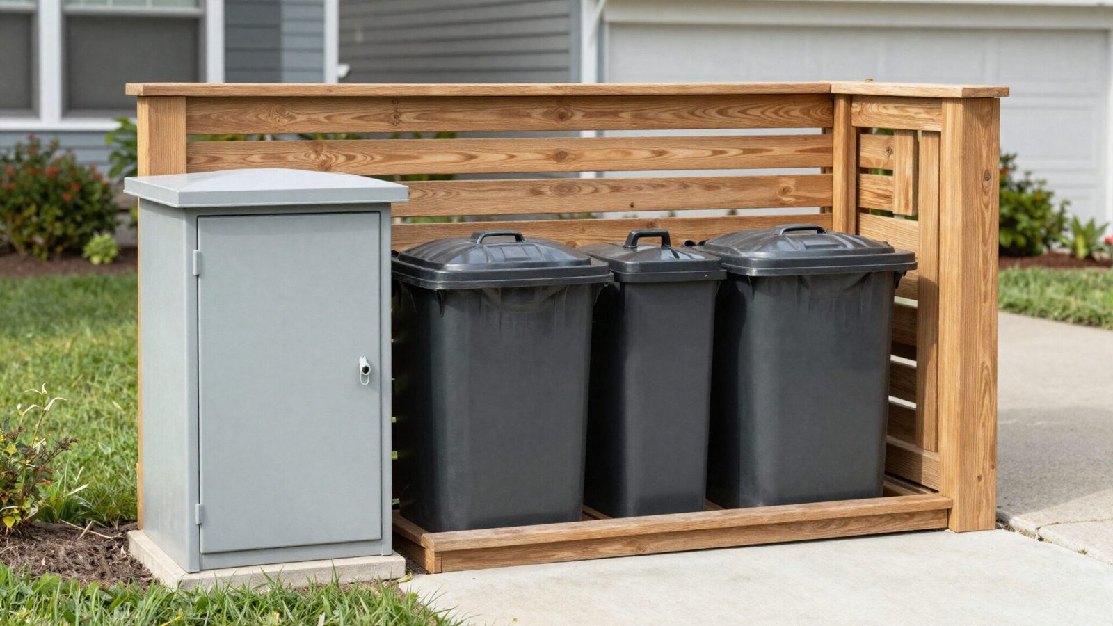 Trash cans and utility box concealed behind a simple wooden slat screen in a front yard