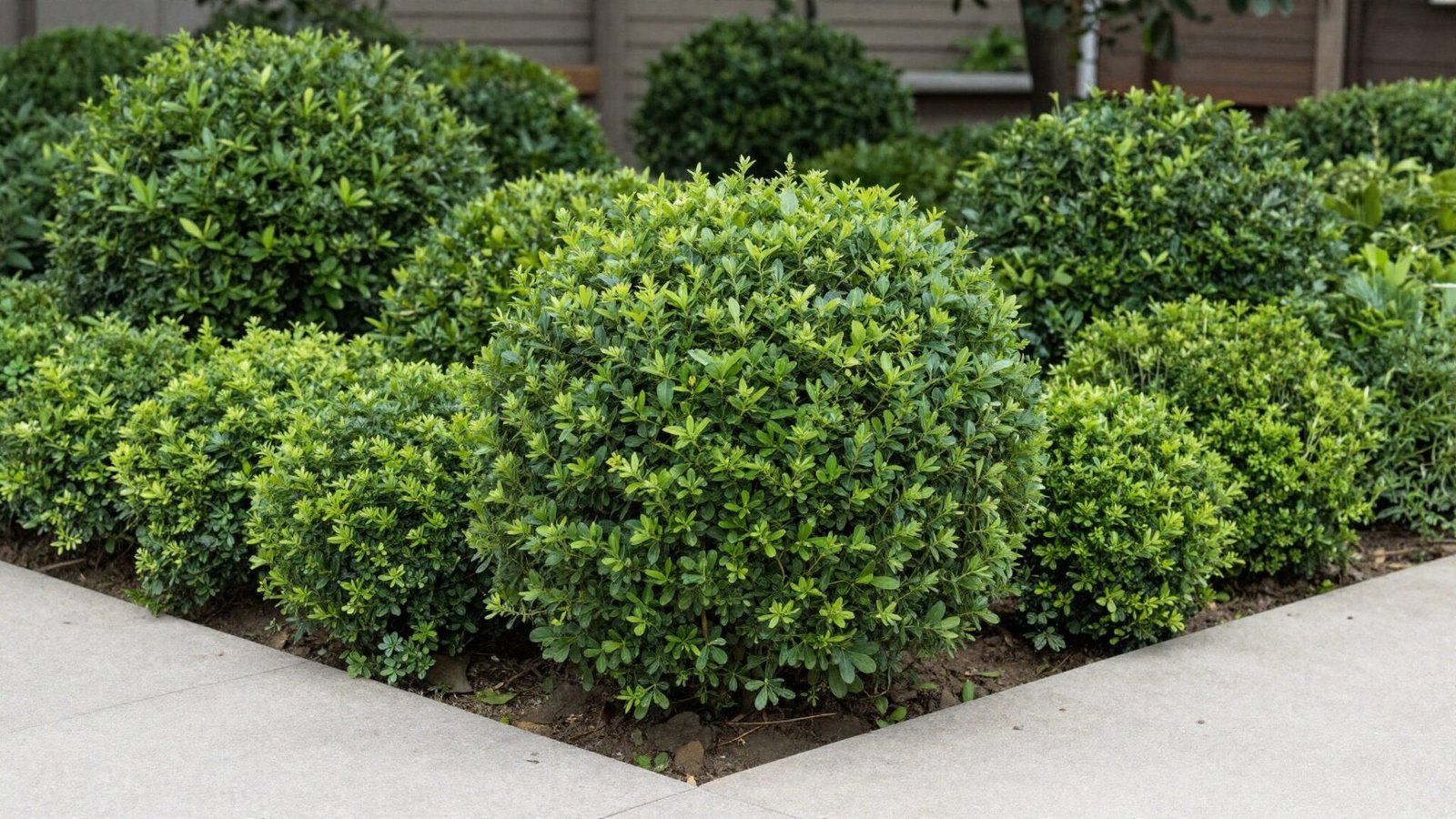 Boxwood shrubs of varying sizes providing structure along a front walkway