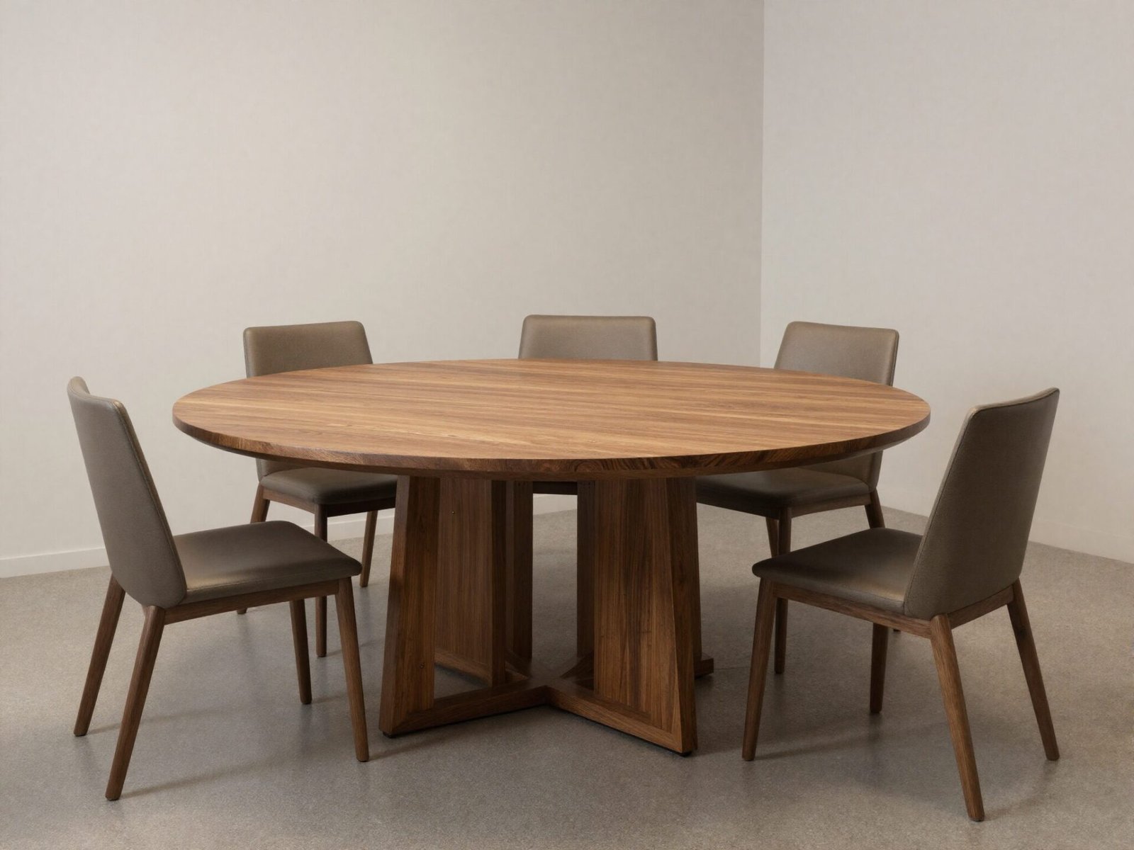 Round wood dining table centered in a square dining room