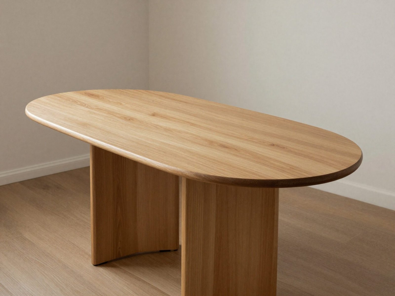 Oval wood dining table with curved edges in a dining room