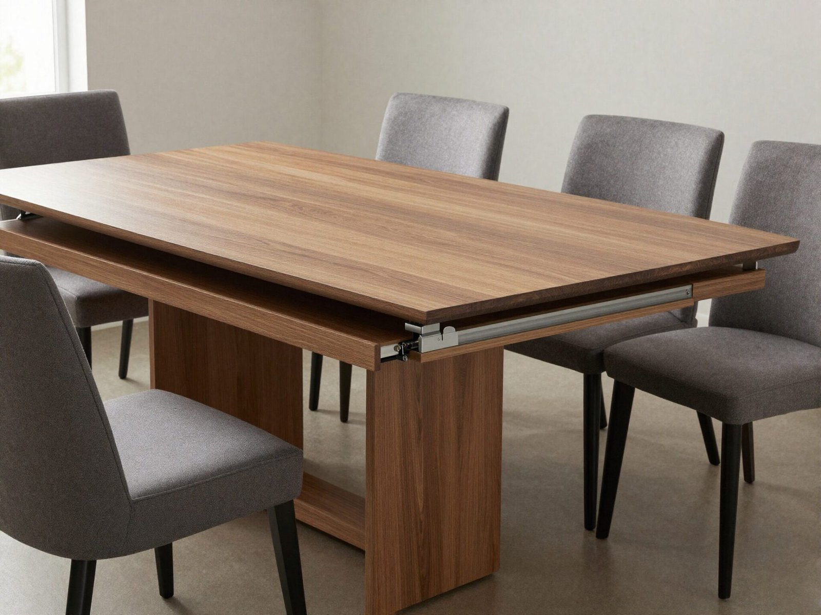 Dining table with an extension leaf pulled out to add length