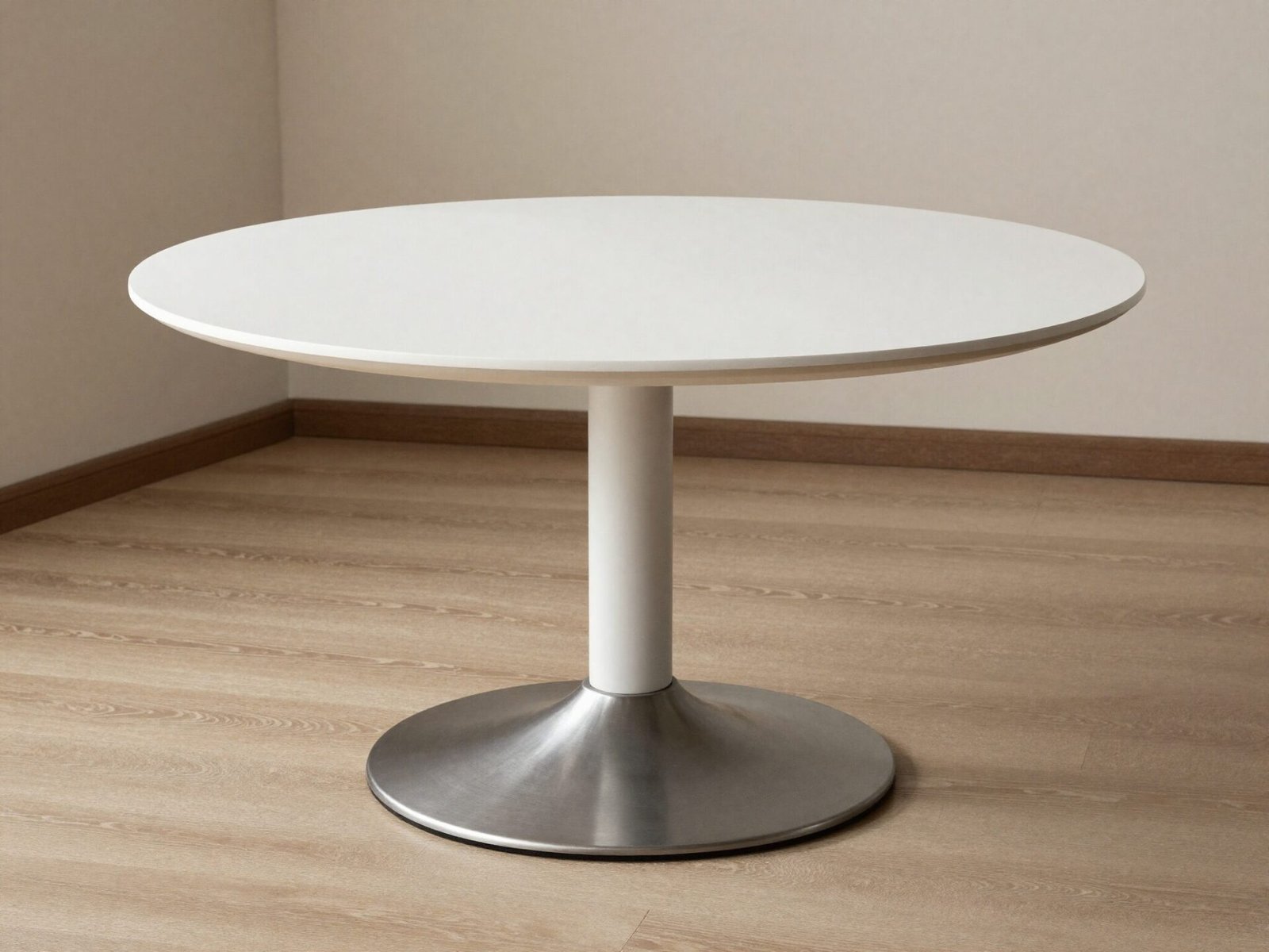 Round dining table on a single pedestal base with open floor space underneath