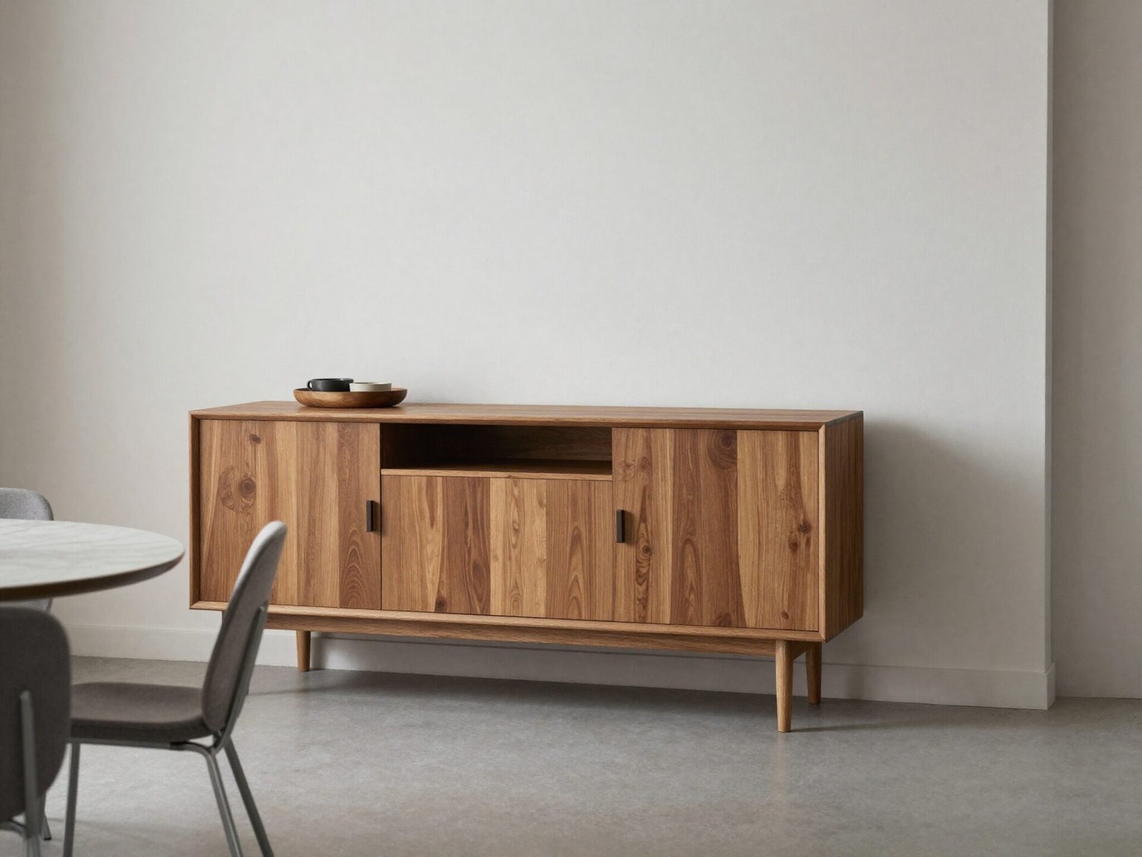 Wood sideboard buffet placed against a dining room wall with clear walking space