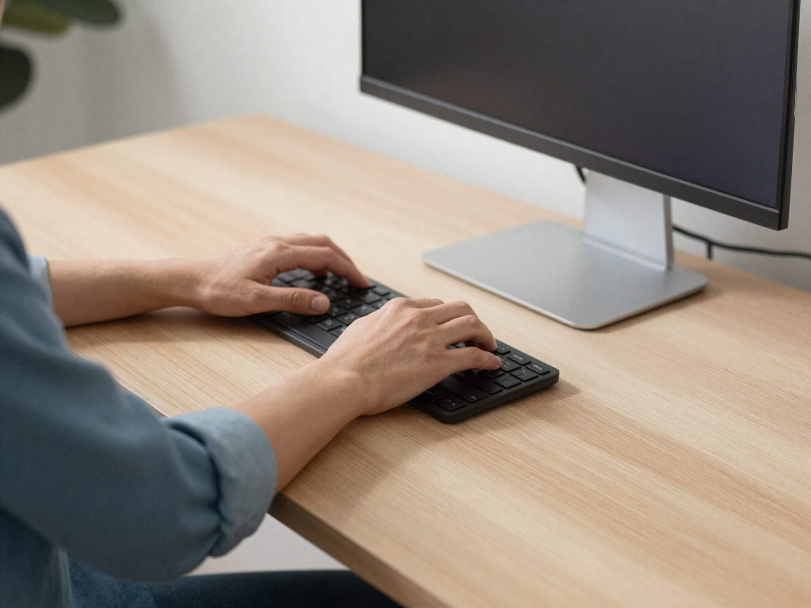 Person typing at a desk with elbows bent at a right angle