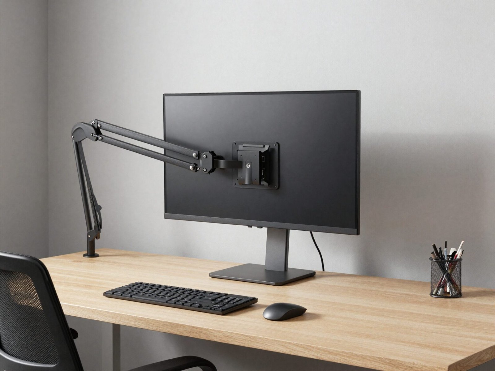 Monitor on an adjustable arm positioned at a distance from the desk chair