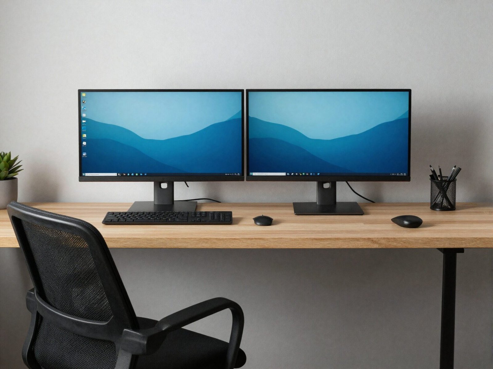 Two monitors positioned side by side and centered toward the desk chair
