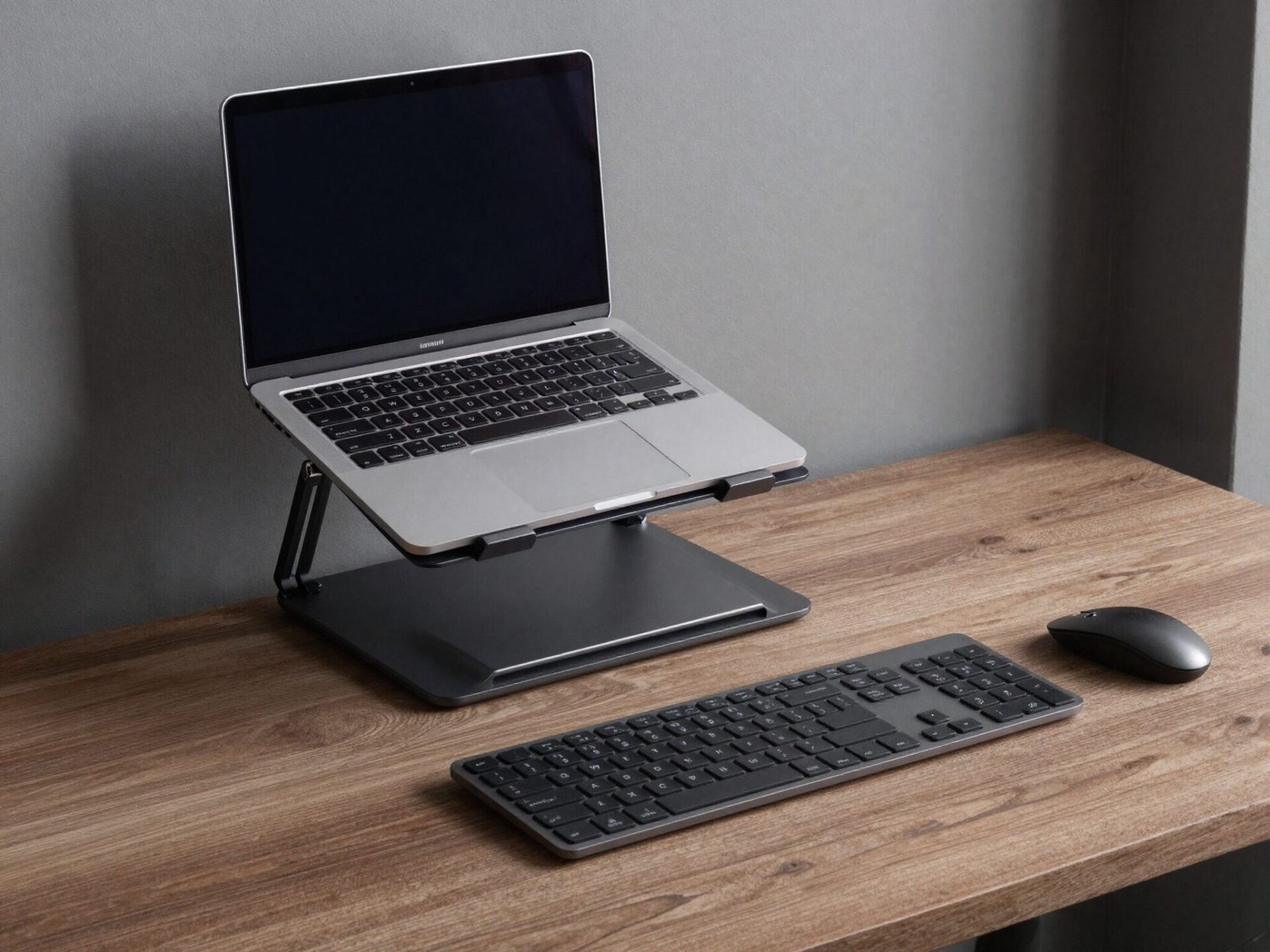 Laptop elevated on a stand next to an external keyboard and mouse