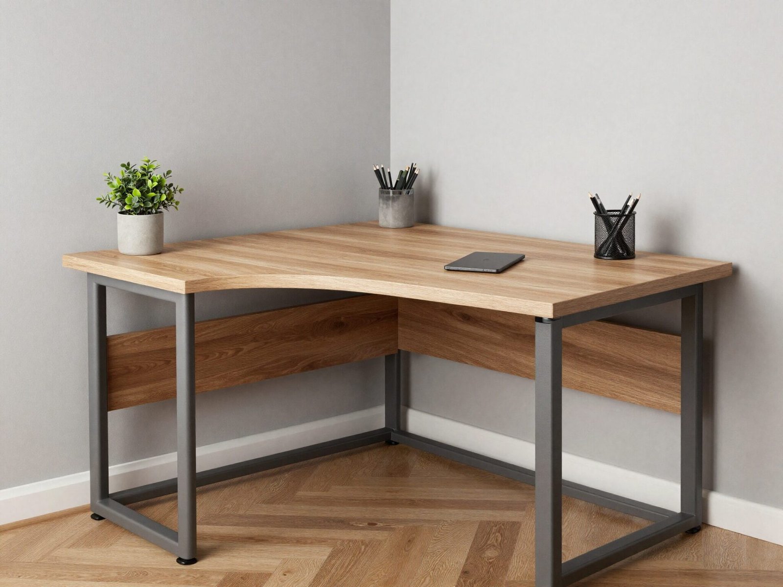 Compact desk fitted into a small home office corner