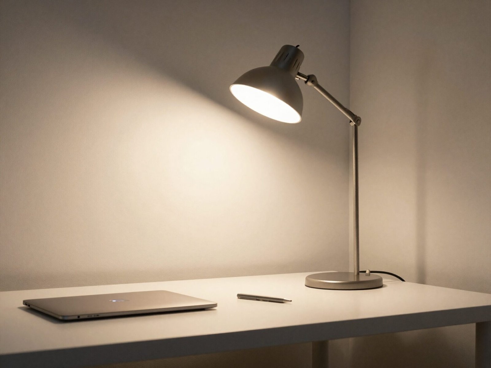 Task lamp positioned to the side of a home office desk