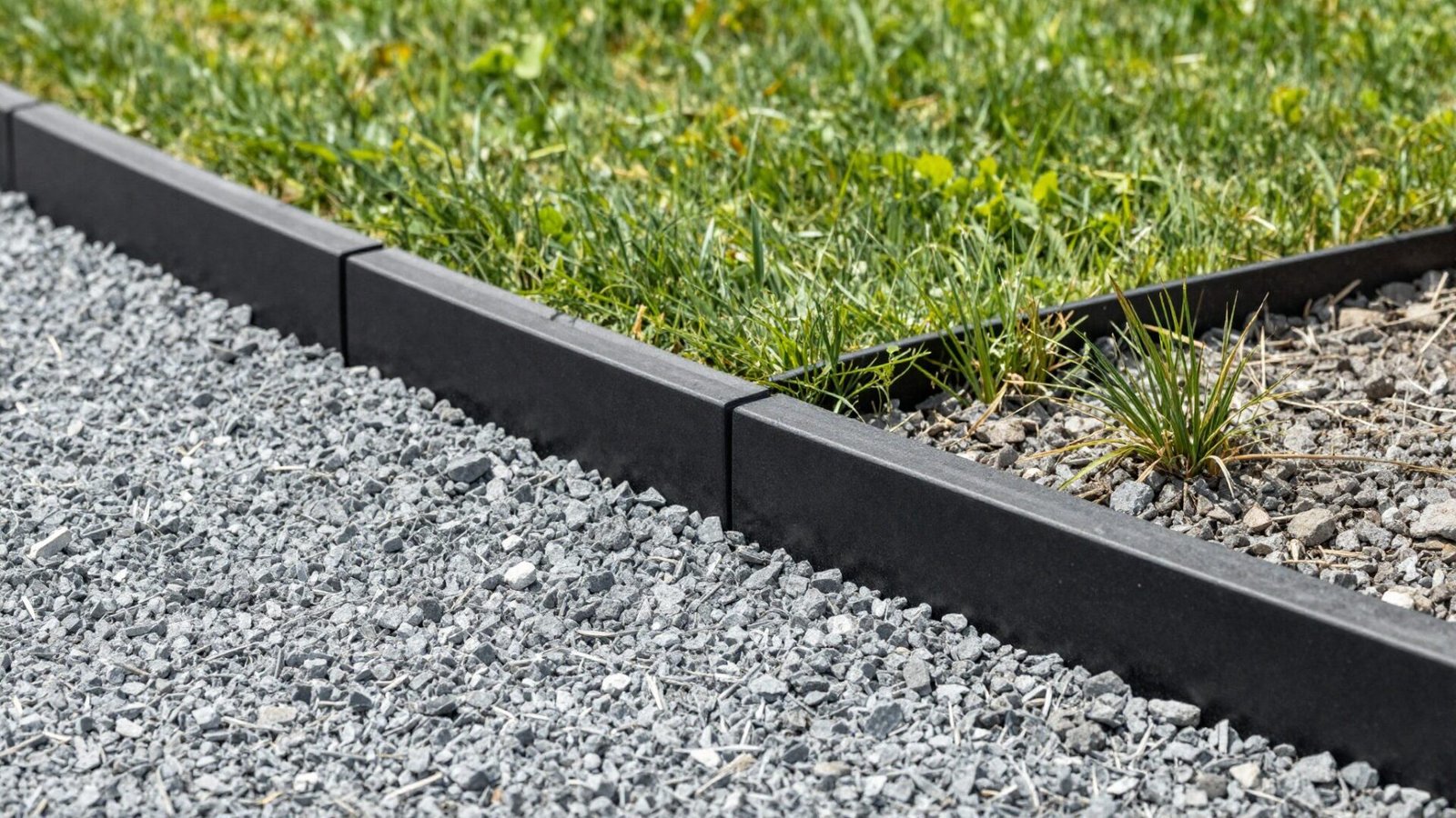 Modern edging strip separating a gravel bed from a lawn with a crisp clean line