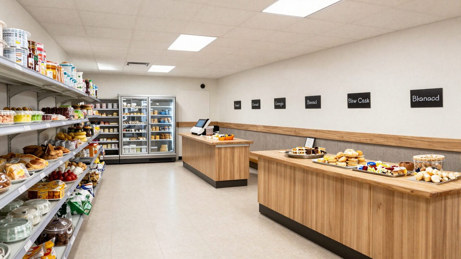 Walk-in pantry organized into clear zones with a labeled breakfast station and baking corner