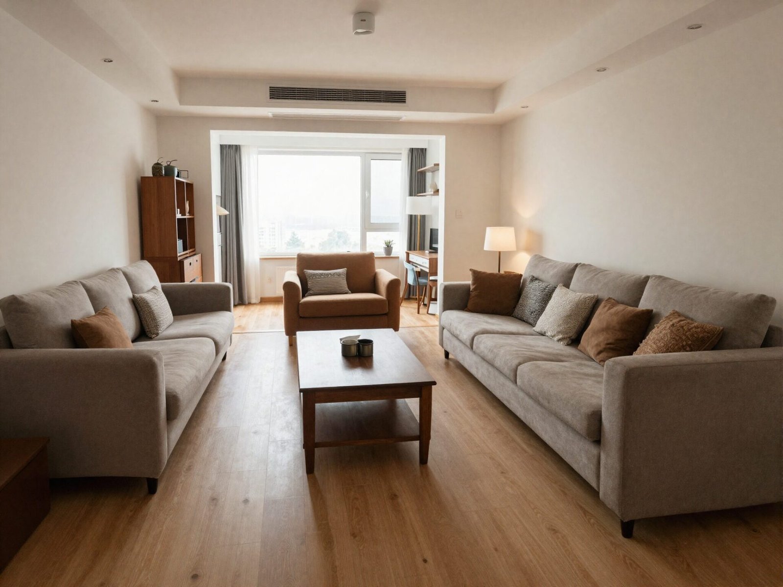 Wide clear walkway path between a sofa and side furniture