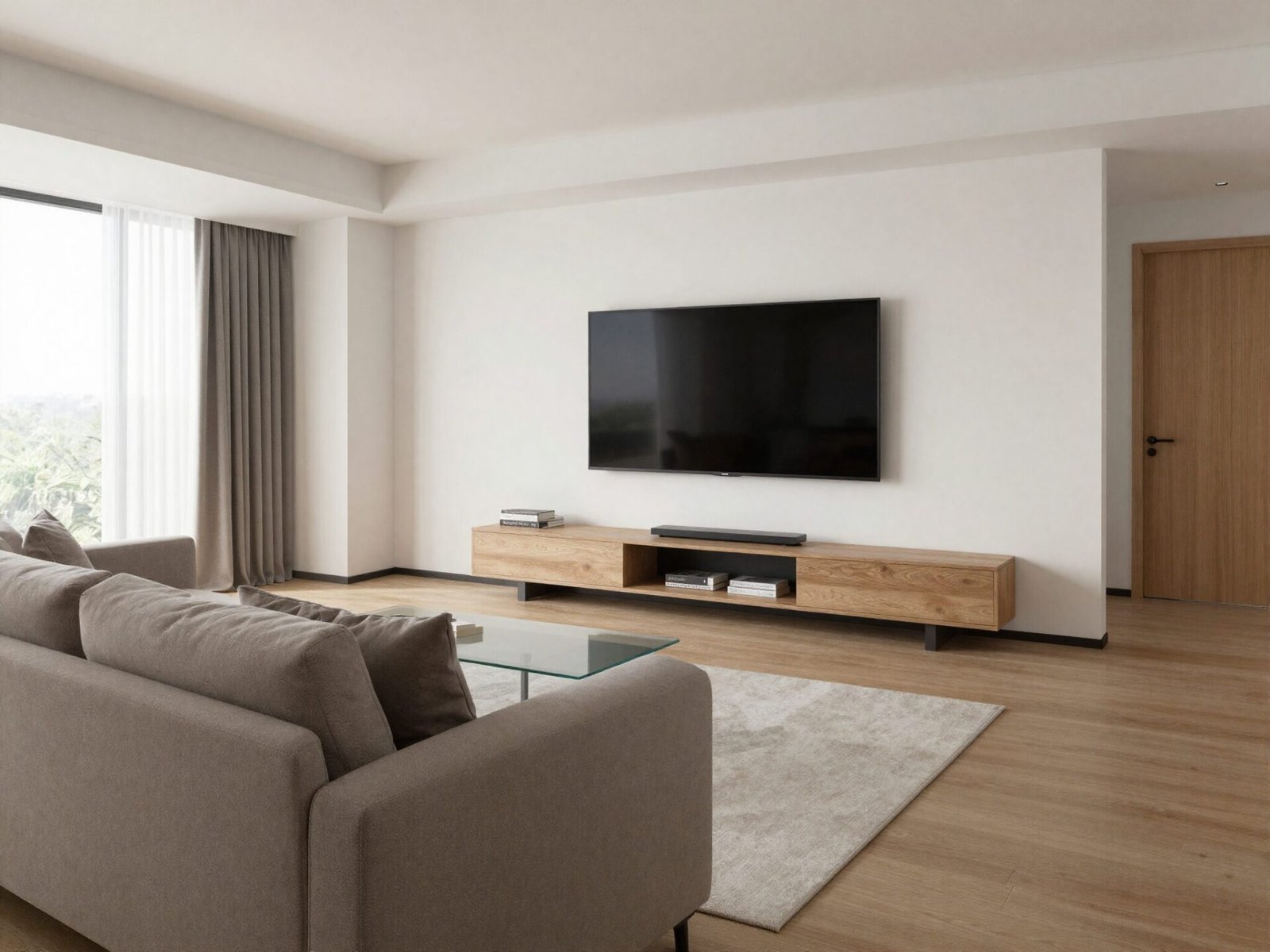 Sofa positioned at a measured distance from a wall-mounted television
