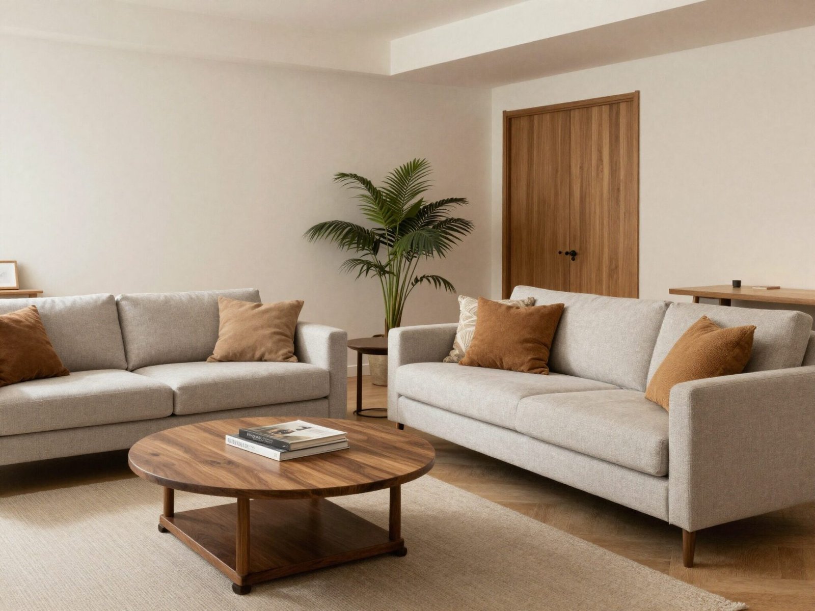 Two sofas facing each other across a coffee table at a conversational distance