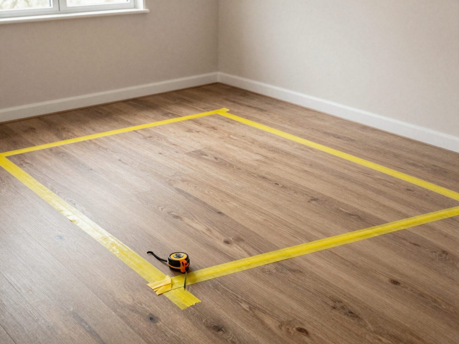 Painter's tape outlining furniture footprints on an empty living room floor