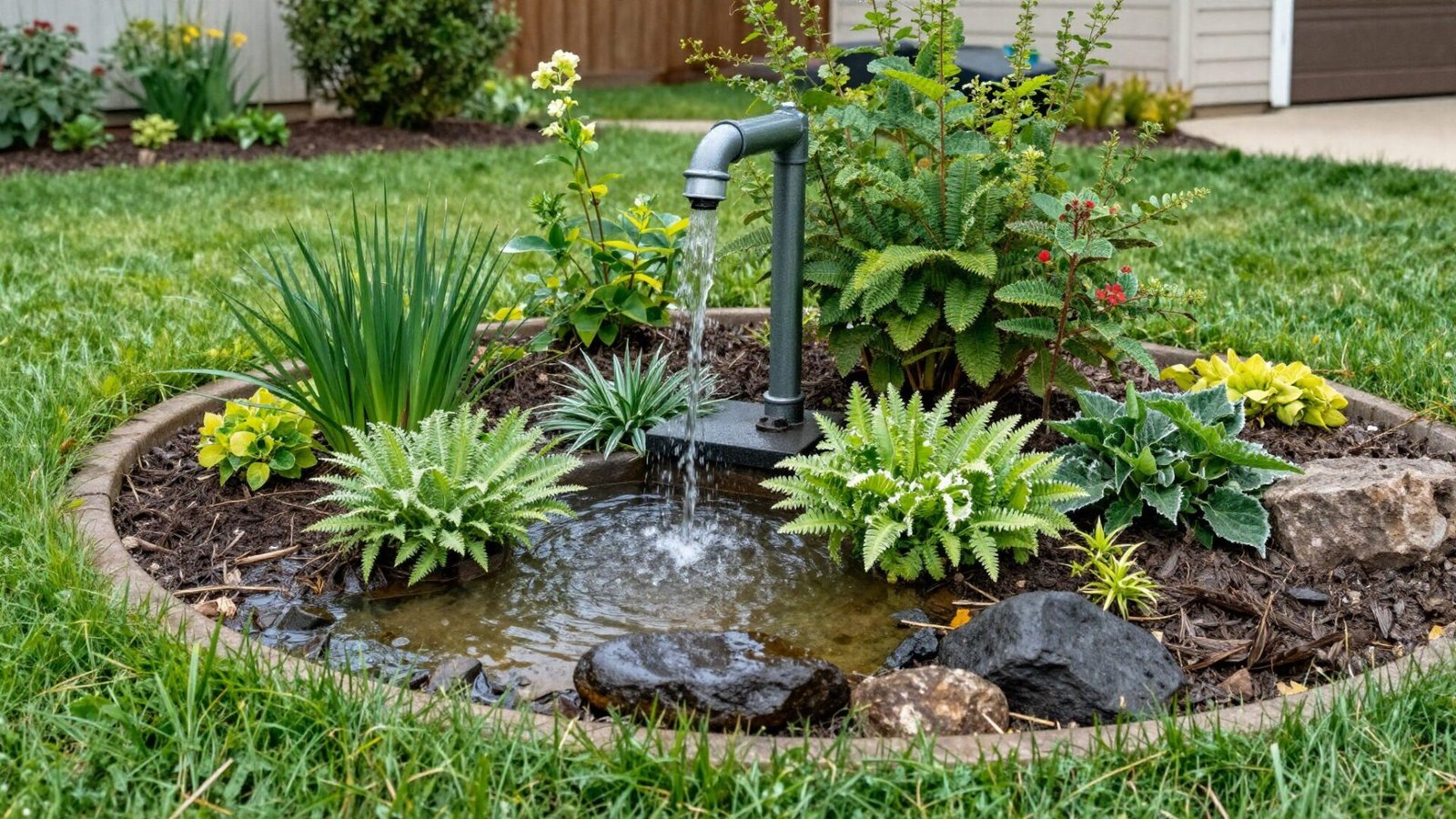 Front yard rain garden near a downspout capturing runoff with layered native plants
