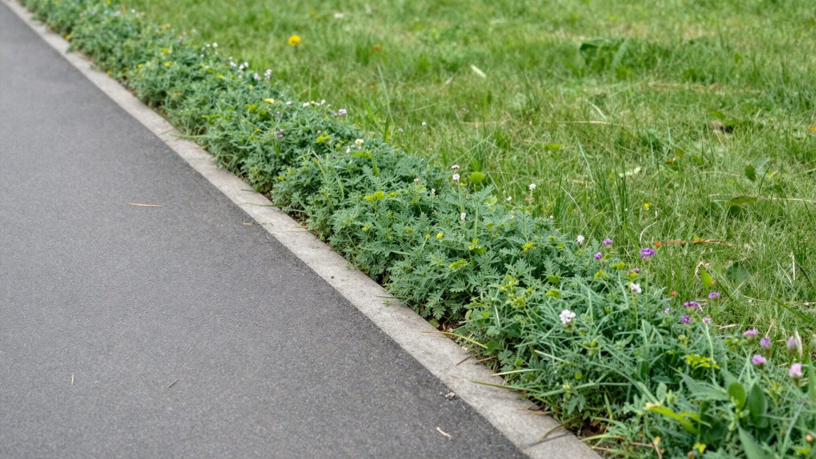 Curved driveway edge planted with low flowering groundcover instead of a straight hard border